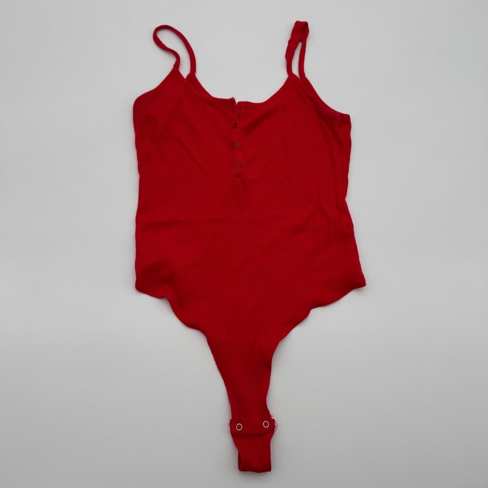 Garage Red Ribbed Henley Bodysuit Sleeveless Snap Closure Thong Medium
